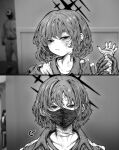  1boy 2girls absurdres bandaged_arm bandaged_hand bandaged_neck bandages blue_archive blush boots bruise commentary_request gloves halo highres holding_another's_wrist hood hood_up injury jacket korean_commentary lightningace looking_at_viewer mask meme misaki_(blue_archive) mouth_mask multiple_girls pants short_hair squid_game year_1_&amp;_year_2_(squid_game)_(meme) 