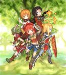  5girls ahoge alchemist_(sekaiju) alchemist_2_(sekaiju) arm_up armor arrow_(projectile) black_hair black_sailor_collar blonde_hair blue_shorts bow_(weapon) brown_hair coat commentary_request deformed fire full_body gauntlets glasses greaves hat_feather highres holding holding_arrow holding_bow_(weapon) holding_shield holding_sword holding_weapon looking_at_viewer madaragi medic_(sekaiju) medic_2_(sekaiju) midriff multiple_girls outdoors paladin_(sekaiju) paladin_2_(sekaiju) profile ranger_(sekaiju) ranger_2_(sekaiju) red_hair red_shorts sabaton sailor_collar sekaiju_no_meikyuu sekaiju_no_meikyuu_1 shield short_hair shorts sword swordsman_(sekaiju) swordsman_2_(sekaiju) tree weapon white_coat 