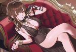  1girl absurdres bare_shoulders black_dress blunt_bangs bracelet breasts brown_hair center_opening cleavage commentary_request couch crossed_legs dress dsr-50_(girls'_frontline) from_side full_cleavage gagameiyo girls'_frontline girls'_frontline_2:_exilium gold_bracelet gold_jewelry hair_intakes hand_in_own_hair hand_up highres jewelry large_breasts legs long_hair looking_at_viewer loreley_(girls'_frontline_2) on_couch open_mouth orange_eyes sideboob sideless_shirt sitting smile solo table teeth thighs very_long_hair 