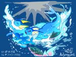  2026 absurdres blue_background blue_eyes commentary_request fang finneon fins highres mulyongyone no_humans pink_eyes pokemon pokemon_(creature) pokemon_focus popplio swimming underwater vaporeon water 