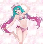  1girl absurdres animal_ears aqua_hair arm_up armpits ball bare_shoulders barefoot bikini blue_eyes breasts bubble cat_ears cleavage collarbone commentary_request day feet fortnite futatunoniji gradient_hair hair_between_eyes hair_ornament hairclip halterneck hat hatsune_miku highres leg_up long_hair medium_breasts multicolored_hair navel neko_hatsune_miku open_mouth outdoors pink_hair pink_hat side-tie_bikini_bottom sidelocks smile solo splashing swimsuit teeth toes triangle_bikini_top twintails two-tone_hair upper_teeth_only very_long_hair vocaloid 