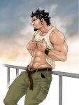  1boy abs bara black_hair clothes_lift commentary_request decadence_(anime) facial_hair goatee green_pants kaburagi_(decadence) male_focus mature_male muscular muscular_male navel navel_hair pants pectoral_cleavage pectorals scar scar_on_face shirt_lift short_hair solo tank_top tsukasa_matsuzaki veins 