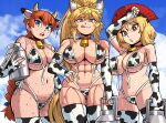  3girls :q abs animal_ear_fluff animal_ears animal_print arm_up bare_shoulders bbtan bell bikini blonde_hair blue_eyes blue_sky body_freckles borrowed_character braid breasts centurii-chan_(character) character_request choker cloud commentary commission cow_horns cow_print cow_print_bikini cow_print_gloves cow_print_thighhighs cowbell elbow_gloves english_commentary fingerless_gloves fox_ears fox_girl fox_tail freckles front-tie_bikini_top front-tie_top gloves hand_on_own_hip highres holding_milk_churn horns judy_(bbtan) large_breasts long_hair looking_at_viewer milk_churn multiple_girls muscular muscular_female nail_polish navel neck_bell open_mouth orange_hair original plume ponytail print_bikini print_gloves print_thighhighs red_choker red_eyes short_hair single_braid sky smile stomach sweat swimsuit tail teeth thighhighs tongue tongue_out triangle_bikini_top untied_bikini_top upper_teeth_only very_long_braid very_long_hair white_nails 
