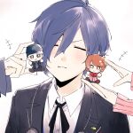  +++ 1girl 2boys black_jacket black_ribbon blue_hair blush bow bowtie brown_eyes brown_hair cardigan character_doll closed_eyes closed_mouth collared_shirt commentary_request doll earphones_removed gekkoukan_high_school_uniform hair_between_eyes highres holding holding_doll iori_junpei jacket multiple_boys neck_ribbon persona persona_3 pink_cardigan red_bow red_bowtie ribbed_cardigan ribbon school_uniform shirt short_hair simple_background sleeves_past_wrists takeba_yukari tkimnh upper_body white_background white_shirt yuuki_makoto_(persona_3) 