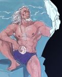  1boy abs armpit_hair armpit_hair_peek bara beard burning_nipple cigarette commentary_request excessive_armpit_hair facial_hair foot_out_of_frame goatee hand_hair highres korean_commentary large_pectorals long_hair male_focus mature_male muscular muscular_male mustache_stubble navel navel_hair nipples old old_man one_piece pectorals purple_shorts round_eyewear scar scar_across_eye scar_on_face shorts silvers_rayleigh smile smoking solo stitched_torso stitches stomach stubble thick_arm_hair thick_back_hair thick_beard thick_chest_hair thick_leg_hair thick_navel_hair thighs topless_male veins veiny_arms very_hairy white_hair wrinkled_skin 