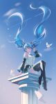  1girl absurdres aircraft airplane aqua_eyes aqua_trim bare_shoulders bird black_boots blue_hair blue_necktie blush boots chinese_commentary collared_shirt colored_shoe_soles column commentary contrail detached_sleeves elise_(wdsm2344) floating_hair gradient_background hair_ornament hatsune_miku highres holding_own_hair lace-trimmed_shirt lace_trim long_hair looking_to_the_side low_block_heels miniskirt mixed-language_commentary necktie outdoors parted_lips pillar pleated_skirt shirt sitting skirt sleeveless sleeveless_shirt solo thigh_boots turning_head twintails variant_set very_long_hair vocaloid white_shirt 