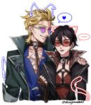  ... 1boy 1girl absurdres black_hair black_lips blonde_hair choker coat collar demoncursed_vayne desagreablelol ear_piercing earrings fang fingerless_gloves glasses gloves hair_between_eyes heart highres holding holding_leash jacket jewelry league_of_legends leash lips looking_at_viewer piercing purple-tinted_eyewear red-tinted_eyewear red_eyes round_eyewear shirt signature simple_background speech_bubble spoken_heart tattoo tinted_eyewear vayne_(league) wolf_cut 