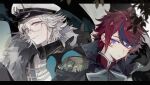  2boys absurdres ahoge alternate_eye_color aotsuki_eito black_gloves black_hair blue_eyes closed_mouth epaulettes expressionless fur_trim glasses gloves hand_up hat highres kukirpg_457 leaf letterboxed male_focus multicolored_hair multiple_boys nose_pads official_alternate_costume outside_border pink_eyes red_hair semi-rimless_eyewear shirt short_hair smile streaked_hair sumino_takumi the_hundred_line_-last_defense_academy- two-tone_hair white_hair white_hat white_shirt 