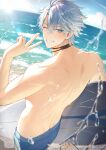  1boy absurdres black_choker blue_eyes blue_male_swimwear choker commentary_request grey_hair highres holding holding_surfboard honkai:_star_rail honkai_(series) male_focus male_swimwear neck_tattoo noes one_eye_closed phainon_(honkai:_star_rail) short_hair smile solo surfboard tattoo teeth topless_male v 