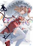  1girl absurdres ascot bird blonde_hair closed_mouth collared_shirt commentary crystal crystal_wings flandre_scarlet frilled_shirt_collar frilled_wrist_cuffs frills hat highres holding holding_umbrella looking_at_viewer medium_hair mob_cap multicolored_wings one_side_up parasol pointy_ears puffy_short_sleeves puffy_sleeves red_eyes red_skirt red_vest red_wrist_cuffs shirt short_sleeves skirt sleeve_bow solo thighhighs tomura_amane touhou umbrella vest white_bird white_hat white_thighhighs white_umbrella wings wrist_cuffs yellow_ascot 