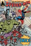  6+boys bodysuit building character_request city clenched_teeth colored_skin commentary_request copyright_logo copyright_name debris english_text green_skin highres holding holding_sword holding_weapon hulk katana logo marvel mask midair multiple_boys ninja parody purple_shorts scorpion_(spider-man) shorts skyscraper spider-man spider-man:_brand_new_day spider-man_(original_suit) spider-man_(series) sword takeuchi_ryousuke teeth the_hand_(marvel) torn_clothes torn_shorts weapon western_comics_(style) 