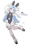  1girl :3 animal_ear_hairband animal_ear_piercing animal_ears arms_up black_bow black_hairband black_shoes black_thighhighs blue_hair blush bow bunny_day closed_eyes clothing_cutout collar commentary detached_sleeves dot_nose eyebrows_hidden_by_hair fake_animal_ears fishnet_socks fishnets frilled_leotard frilled_sleeves frills full_body hair_intakes hair_ornament hairband hands_up heart heart_cutout heart_hair_ornament heart_o-ring highres jewelry leg_up leotard long_hair long_sleeves navel nichijou_kamoshirenai o-ring o-ring_thigh_strap open_mouth pointy_shoes puffy_long_sleeves puffy_sleeves rabbit_ear_hairband rabbit_ears ring shoes simple_background socks solo sora_(wolrero) thigh_strap thighhighs two_side_up white_background white_collar white_sleeves wolrero 
