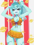  1girl absurdres aqua_skin beastiez bikini bikini_skirt blue_tongue breasts colored_skin colored_tongue green_pupils highres looking_at_viewer medium_breasts monster_girl open_mouth orange_bikini piapi_ufo planet_print purple_eyes purple_ribbon ribbon simple_background slime_girl slime_hair solo star-shaped_pupils star_(symbol) swimsuit symbol-shaped_pupils virtual_youtuber xarakura_xara 