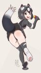  1girl :d absurdres animal_ears ass ass_blush baked_potato black_eyes black_hair black_panties black_shoes black_tail black_vest blush breasts clothes_lift commentary_request elbow_gloves fingerless_gloves food from_behind full_body gloves grey_gloves grey_shirt grey_skirt grey_thighhighs halftone highres holding holding_food kemono_friends lifted_by_tail looking_at_viewer looking_back multicolored_hair open_mouth panties paw_print_soles print_thighhighs print_vest shirt shoe_soles shoes short_hair short_sleeves signature simple_background skirt skirt_lift skunk_ears skunk_girl skunk_tail small_breasts smile solo spotted_skunk_(kemono_friends) standing standing_on_one_leg tail teeth thighhighs toes_up tomoki_(vg30et1985) two-tone_hair underwear upper_teeth_only vest white_background white_hair white_trim 