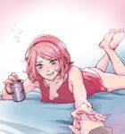  1boy 1girl ass beer_can boruto:_naruto_next_generations boruto_(series) bracelet breasts can commentary_request drink_can drunk facial_mark feet_out_of_frame forehead_mark green_eyes hairband haruno_sakura husband_and_wife jewelry lying naruto_(series) okamine_yuiko on_stomach pink_hair pov pov_hands reaching reaching_towards_viewer red_hairband small_breasts squeans uchiha_sasuke 