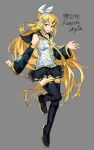  1girl aged_up alternate_hair_length_(longer) alternate_hairstyle black_sailor_collar black_skirt black_sleeves blonde_hair blue_eyes bow breasts commentary detached_sleeves english_commentary full_body grey_background hair_bow hair_ornament hairclip kagamine_rin kagamine_rin_(future_style) long_hair looking_at_viewer necktie parallel_hairclips project_diva_(series) rinamiru sailor_collar shirt simple_background skirt sleeveless sleeveless_shirt small_breasts smile vocaloid white_bow white_shirt yellow_nails yellow_necktie yellow_trim zettai_ryouiki 