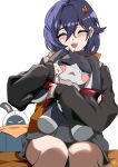 1girl 1other angry bangboo_(zenless_zone_zero) belle_(zenless_zone_zero) black_jacket black_skirt blue_eyes blue_hair closed_eyes commentary crossover earrings english_commentary eous_(zenless_zone_zero) furry hair_between_eyes highres honkai:_star_rail honkai_(series) jacket jewelry jpno medium_hair one_eye_closed open_mouth pom-pom_(honkai:_star_rail) robot simple_background sitting skirt sleeves_past_wrists smile teeth upper_teeth_only white_background zenless_zone_zero 