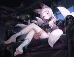  1girl absurdres animal_ears blush breasts crossed_legs detached_sleeves dress fox_ears fox_girl fox_tail grey_hair highres holding holding_smoking_pipe jewelry kiseru long_hair looking_at_viewer medium_breasts multiple_tails night nyahu_(nyahu_77) original parted_lips red_eyes sideboob sitting smile smoke smoking_pipe solo stirrup_legwear tail thighlet toeless_legwear voice_drama_available 