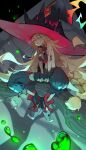  1girl arms_between_legs black_pants black_shoes blonde_hair blue_eyes body_markings braid breasts cleavage commentary evil_grin evil_smile full_body green_liquid grin hat highres large_breasts large_hat long_hair looking_at_viewer majo_to_hyakkihei metallica_(majo_to_hyakkihei) on_branch outdoors oversized_shoes pants puffy_pants shoes sitting smile solo stomach tree very_long_hair winehusk witch_hat 