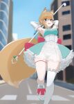  1girl animal_ear_fluff animal_ears ankle_socks armpits arms_behind_head asymmetrical_legwear asymmetrical_sidelocks back_bow blonde_hair blurry blurry_background blush bow breasts bubble_skirt building cowboy_shot crosswalk dress egq912 egq912_(artist) elbow_gloves fluffy_tail fox_ears fox_girl fox_tail frilled_gloves frilled_panties frilled_skirt frilled_thighhighs frills furrowed_brow gloves green_dress green_eyes highres holding holding_wand indie_virtual_youtuber large_bow large_breasts layered_skirt magical_girl mismatched_legwear navel outdoors panties panties_visible_through_clothes petticoat red_bow road see-through_clothes see-through_skirt_layer self-portrait shirt shoelaces shoes sidelocks skirt sky sneakers socks solo standing standing_on_one_leg strapless strapless_dress street sweat tail thighhighs thighs two-tone_dress underwear virtual_youtuber wand white_dress white_gloves white_panties white_shoes white_thighhighs 