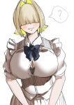  1girl ? absurdres alternate_costume blonde_hair blunt_bangs blush bow bowtie breasts button_gap cleavage collar commentary_request elegg_(nikke) goddess_of_victory:_nikke hair_intakes hair_over_eyes highres huge_breasts light_blush light_smile long_bangs samon0603 shirt short_hair simple_background solo spoken_question_mark white_background white_shirt 