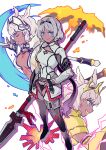  1girl above-cleavage_cutout animal_ears armor bikini bikini_bottom_only bird black_bikini black_boots black_gloves black_hairband blue_eyes body_markings boots caenis_(fate) caenis_(first_ascension)_(fate) caenis_(second_ascension)_(fate) caenis_(third_ascension)_(fate) closed_eyes closed_mouth clothing_cutout commentary dark-skinned_female dark_skin electricity fate/grand_order fate_(series) fingerless_gloves gauntlets gloves gold_armor grey_hair grin hair_tubes hairband headpiece highres holding holding_polearm holding_weapon infinity_symbol long_hair looking_ahead looking_at_viewer low_ponytail multiple_views nail_polish pauldrons phoenix polearm ponytail profile shirt shoulder_armor simple_background single_hair_tube smile spear standing swimsuit tamiko_(tamiko_jp) thigh_boots thighhighs vambraces water weapon white_background white_nails white_shirt white_thighhighs 