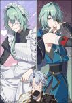  2boys anaxa_(honkai:_star_rail) apron aqua_eyes aqua_hair armor black_sleeves blue_shirt closed_eyes closed_mouth commentary_request covering_own_mouth crossdressing crossdressing_(mtf) eyepatch frilled_apron frills grey_hair hand_over_own_mouth highres honkai:_star_rail honkai_(series) long_hair maid maid_apron maid_headdress male_focus male_maid multicolored_eyes multiple_boys multiple_views noes phainon_(honkai:_star_rail) shirt shoulder_armor simple_background smile unconventional_maid waist_apron white_apron 