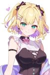  1girl arm_strap armpit_crease black_bustier black_ribbon blonde_hair blush breasts buckle bustier closed_mouth collared_shirt colored_inner_hair commentary d-pad d-pad_hair_ornament ear_piercing earrings eyeshadow green_eyes hair_ornament hairclip heart heart-shaped_buckle heart_collar heart_earrings heart_hair_ornament highres hood hoodie jewelry kurumi_noah kurumi_noah_(3rd_costume) large_breasts looking_at_viewer makeup medium_hair multicolored_hair piercing pink_eyeshadow pink_hoodie pink_ribbon purple_hair purple_hoodie ribbon shirt simple_background sioxxx0711 smile solo spiked_ear_piercing two-sided_ribbon two-tone_hair two-tone_ribbon two_side_up virtual_youtuber vspo! white_background 