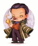  1boy artist_name ascot black_hair black_pants chibi cigar coat coat_on_shoulders crocodile_(one_piece) forehead full_body fur_trim glint green_coat hair_slicked_back highres hook_hand invisible_floor kryjovnikart looking_at_viewer male_focus multicolored_coat one_eye_closed one_piece orange_vest pants scar scar_on_face shadow shoes smoking solo standing stitched_face stitches striped_coat two-tone_coat vest white_background white_coat white_eyes 