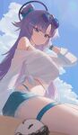  1girl absurdres bikini bikini_under_clothes black_halo blue_archive blue_bikini blue_eyes blue_shorts blue_sky breasts chinese_commentary commentary_request denim denim_shorts doodle_sensei_(blue_archive) eyewear_on_head hair_ornament halo highleg highleg_bikini highres huashengjiang_gan_lao_mian long_hair looking_at_viewer mechanical_halo navel parted_lips purple_hair round_eyewear sensei_(blue_archive) shirt shorts single_off_shoulder sky stomach sunglasses swimsuit thigh_strap tied_shirt white_shirt wristband x_hair_ornament yuuka_(blue_archive) 