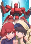  2girls :p absurdres black_hair blue_eyes commentary_request energy_gun fanneria_amu gaw_ha_leecee hairband highres juusenki_l-gaim k_katora long_hair looking_at_viewer mecha multiple_girls nouvelle_d.sserd one_eye_closed red_hair retro_artstyle robot science_fiction short_hair tongue tongue_out upper_body weapon 