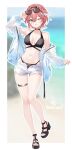 1girl adjusting_eyewear bikini bikini_under_clothes black_bikini black_sandals blurry blurry_background border breasts commentary_request eyewear_on_head hand_on_eyewear highres hololive jacket jacket_partially_removed medium_breasts one_eye_closed open_fly outline outside_border platform_sandals sandals short_hair shorts solo sunglasses swimsuit takane_lui toketa-sekai twitter_username virtual_youtuber white_border white_jacket white_outline white_shorts 