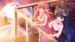  2girls :d arm_support beach_umbrella black_hair black_skirt bow braid breasts chair cross-laced_clothes da_capo da_capo_iv from_above from_side game_asset hair_ribbon hand_on_own_head hat high-waist_skirt highres jewelry large_breasts long_hair long_skirt looking_up mini_hat multiple_girls night non-web_source orange_hair oumi_sorane outdoors pendant pink_bow pink_eyes pink_skirt plant post_and_rail_fence potted_plant purple_eyes purple_ribbon purple_shirt ribbon rooftop see-through_clothes see-through_sleeves self-datamine shirt skirt sleeveless sleeveless_sweater smile sweater table takano_yuki_(allegro_mistic) tanihara_natsuki three-quarter_sleeves tokisaka_nino umbrella yellow_sweater 