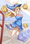  1girl absurdres alternate_costume blonde_hair blue_shoes blurry blurry_background breasts cheerleader commentary dark_magician_girl depth_of_field dress duel_monster green_eyes hat highres jumping kuriboh open_mouth pom_pom_(cheerleading) shoes short_dress sleeveless smile socks solo thighs toot untranslatable_commentary white_socks wizard_hat yu-gi-oh! 