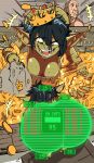  1boy 1girl absurdres ass black_hair coin colored_skin commentary crown ear_piercing earrings english_commentary fallout female_goblin gameplay_mechanics goblin gold gold_bangle green_skin highres jewelry koaro large_ears piercing pointy_ears sack sweat v.a.t.s._(fallout) 