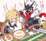  1boy 1girl ahoge bare_shoulders billy_kid billy_kid_(starlight) blonde_hair bracelet chain chain_around_arm chair chalky_(zenless_zone_zero) cissia_(zenless_zone_zero) closed_eyes clothed_robot commentary_request detached_sleeves food fur-trimmed_jacket fur_trim hair_ornament hairclip highres humanoid_robot jacket jewelry long_hair metal_wrist_cuffs miri_(cherryjelly) on_chair open_mouth pink_nails plate pom_pom_(clothes) pom_pom_hair_ornament red_scarf robot robot_boy scarf sitting snake snake_girl snake_tail spiked_bracelet spiked_hair spikes squeans tail torn_clothes torn_scarf translation_request white_background white_hair white_snake yawning yellow_eyes zenless_zone_zero 