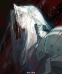  1boy absurdres armor black_background chinese_commentary commentary_request curtained_hair eyelashes final_fantasy final_fantasy_vii green_eyes highres long_hair looking_ahead male_focus sephiroth solo ss_xixi upper_body watermark weibo_watermark white_hair 