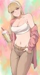  1girl blonde_hair blunt_bangs blush breasts brown_pants camisole claire_volikova cleavage closed_mouth colorful_background commentary crop_top cropped_shirt drink drinking_straw earrings english_commentary floating_earrings green_background hairband hand_in_pocket heart highres holding holding_drink hunched_over jacket jewelry jourd4n large_breasts long_hair looking_at_viewer navel open_clothes open_jacket orange_background original pants pearl_earrings pink_background pink_eyes pink_jacket pink_nails single_bare_shoulder single_off_shoulder smile solo stomach white_camisole white_hairband 
