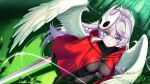  1girl absurdres ahoge artist_name blue_eyes bodystocking breasts cloak commentary cosplay covered_navel eckert&amp;eich elia_stellaria english_commentary feathered_wings feet_out_of_frame forest from_above gradient_eyes gradient_hair highres holding holding_weapon hollow_knight hollow_knight:_silksong hornet_(hollow_knight) hornet_(hollow_knight)_(cosplay) indie_virtual_youtuber large_breasts long_hair makeup mask mask_on_head multicolored_eyes multicolored_hair nature needle_(hollow_knight) pink_eyes ponytail purple_hair red_cloak second-party_source smile solo star_(symbol) virtual_youtuber weapon white_hair white_wings wings 
