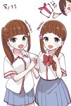  3girls aqua_eyes arched_bangs birthday blush_stickers bow bowtie box brown_hair closed_eyes collared_shirt commentary_request dated flower futago_nosaki futago_notsugi gift gift_box grey_skirt hair_flower hair_ornament hair_over_shoulder hairclip highres hitori_bocchi hitoribocchi_no_marumaru_seikatsu holding holding_gift holding_hands katsuwo_(cr66g) long_hair low_ponytail miniskirt multiple_girls official_artist_extra pleated_skirt ponytail red_bow red_bowtie school_uniform shirt siblings single_sidelock sisters skirt star_(symbol) star_hair_ornament twins white_shirt 