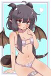  1girl absurdres alternate_costume arm_support bandaged_leg bandaged_tail bandages bikini black_eyes black_hair blue_background blush breasts commentary_request dragon_ears dragon_girl dragon_horns dragon_tail dragon_wings eyepatch_bikini hair_tubes heart highres horns kidian_(trickcal) korean_commentary long_hair looking_at_viewer navel pointy_ears prprbtt sitting small_breasts solo stomach swimsuit tail trickcal white_bikini wings 