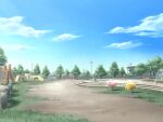  blue_sky bridge building car cloud day fence game_asset grass houou_senki_maimu ladder lamppost motor_vehicle no_humans non-web_source official_art outdoors park playground road scenery self-datamine sky stairs tree visual_novel_cg 