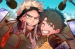  2boys anger_vein annoyed artist_name bakugou_katsuki bangs_pinned_back black_mask blonde_hair blue_background blue_sky blurry blurry_background blurry_foreground boku_no_hero_academia boom_microphone bright_pupils camera_flash cape cellphone commentary curtained_hair english_commentary english_text eye_mask eyebrows_hidden_by_hair false_smile fingers_on_another's_face forced_smile forehead freckles furrowed_brow gloves green_gloves green_hair grey_gloves grin hand_on_another's_shoulder hands_up high_collar highres holding holding_microphone krystalmelodie looking_at_viewer looking_to_the_side male_focus mask mask_on_head merchandise_available microphone midoriya_izuku multicolored_gloves multiple_boys multiple_scars one_eye_closed open_mouth orange_gloves outdoors paid_reward_available paparazzi parted_bangs people phone procreate_(medium) recording red_eyes sanpaku scar scar_on_cheek scar_on_face scar_on_forehead short_hair silhouette sky smartphone smile spiked_hair spoilers stanchion sweatdrop tsurime turning_head two-sided_gloves two-tone_gloves uneven_eyes upper_body white_pupils yellow_cape 