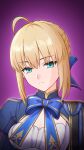  1girl 3d absurdres ahoge artoria_pendragon_(fate) blonde_hair blue_dress bow bowtie breasts commentary dress english_commentary fate/stay_night fate_(series) frown gradient_background green_eyes highres honkai:_star_rail honkai_(series) light_frown looking_at_viewer mewgamii saber_(fate) saber_(honkai:_star_rail)_(fate) sidelocks small_breasts solo solo_focus 