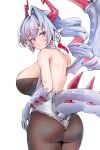  1girl argente_(shadowverse) backless_outfit bare_shoulders black_pantyhose breasts commentary_request cowboy_shot dragon_girl dragon_horns dragon_tail dragon_wings drill_hair earrings facial_mark feather_earrings feathers from_behind gloves grey_eyes grey_hair highres horns jewelry leotard looking_back multicolored_hair pantyhose pointy_ears red_hair scales shadowverse shadowverse:_worlds_beyond simple_background single_wing slit_pupils solo tail two-tone_hair white_background white_leotard wings yahan_(mctr5253) 