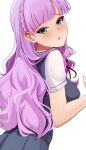 1girl absurdres arms_at_sides blush braid breasts commentary crown_braid facing_away green_eyes grey_skirt highres large_breasts long_hair looking_at_viewer looking_back love_live! love_live!_superstar!! purple_hair red_ribbon ribbon school_uniform shirt short_sleeves skirt solo whin white_shirt wien_margarete yuigaoka_school_uniform 