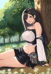  1girl absurdres against_tree arm_support bare_shoulders belt black_belt black_choker black_gloves black_hair black_skirt blue_sky blush breasts chest_harness choker clenched_teeth collarbone commentary crop_top day detached_sleeves earrings english_commentary feet_out_of_frame final_fantasy final_fantasy_vii final_fantasy_vii_remake final_fantasy_vii_revelation fingerless_gloves flower forest framed_breasts from_side glint gloves grass grin hair_behind_ear harness highres jewelry large_breasts long_hair looking_at_viewer midriff miniskirt nature navel official_alternate_costume outdoors pink_lips red_eyes shirt sitting skirt sky smile solo taut_clothes taut_shirt teardrop_earrings teeth thighs tifa_lockhart tifa_lockhart_(black_mage) tree under_tree very_long_hair white_flower white_sleeves yllande 