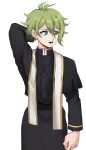 1boy amami_rantaro antenna_hair clothing_request commentary danganronpa_(series) danganronpa_v3:_killing_harmony english_commentary green_hair highres long_sleeves looking_to_the_side male_focus open_mouth parta_228 priest robe short_hair simple_background solo teeth white_background 