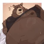  1boy absurdres animal_ears artist_name bara bear_boy bear_ears belly ben_bigger biceps black_tank_top brown_fur clothes_lift commentary english_commentary fat fat_man furry furry_male highres jacket looking_to_the_side male_focus navel nipples notched_ear notice_lines onin4_alt open_mouth pectorals shirt_lift sweat tank_top white_jacket zenless_zone_zero 