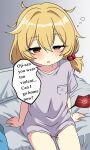  1girl absurdres arm_support blonde_hair blush body_writing breast_pocket english_commentary english_text fang feet_out_of_frame fertilization hair_bobbles hair_ornament half-closed_eyes hanakaji_(yuuchanto) heart highres impregnation kurumi_(hanakaji) looking_at_viewer low-tied_medium_hair medium_hair messy_hair original ovum ovum_with_heart pocket raised_eyebrows sitting skin_fang sleepy speech_bubble squeans tally 